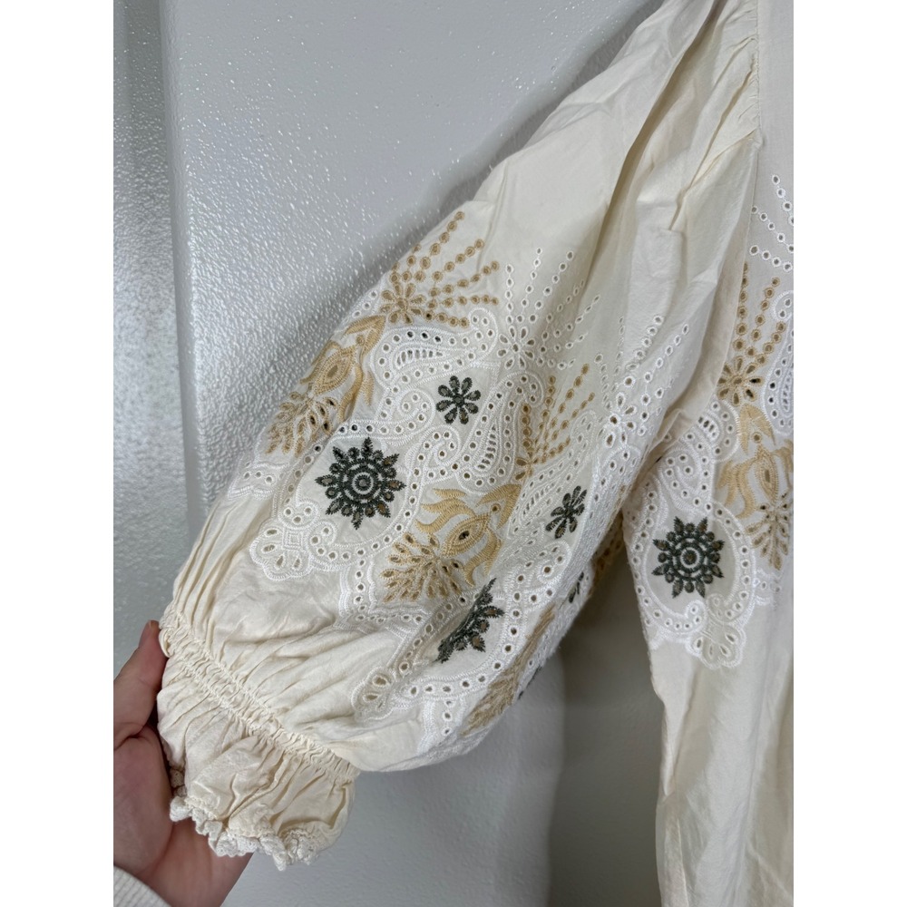 Democracy Womens XL Cream Eyelet Embroidered Boho Button Front Top B7020D3E - Picture 3 of 6